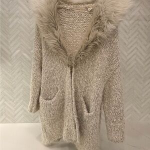 Anthropologie Cream Cardigan with Faux Fur Trim